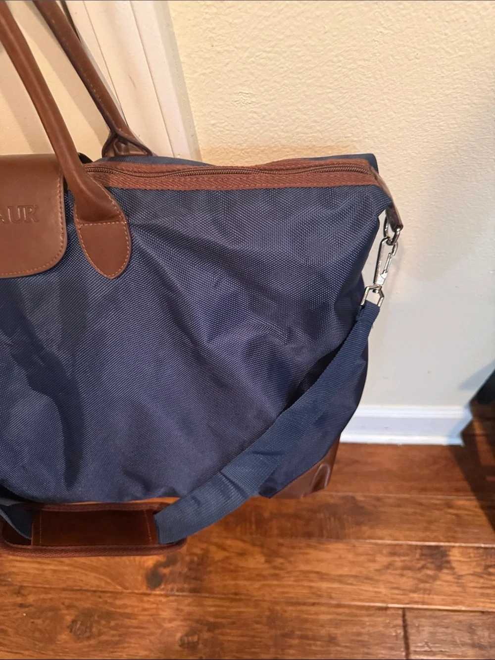 XL Navy Weekender Duffel Bag with Brown Trim